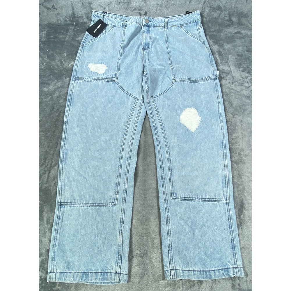Homme Femme Jeans Mens 44x30 Blue Pleated Denim Distressed Grunge Wide Leg NEW